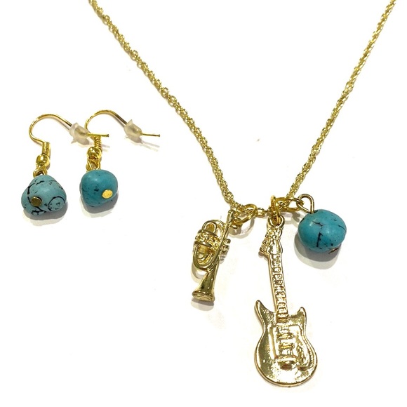 Guitar Trumpet Charm Necklace Earrings Set Turquoise Gold Tone - Picture 1 of 3